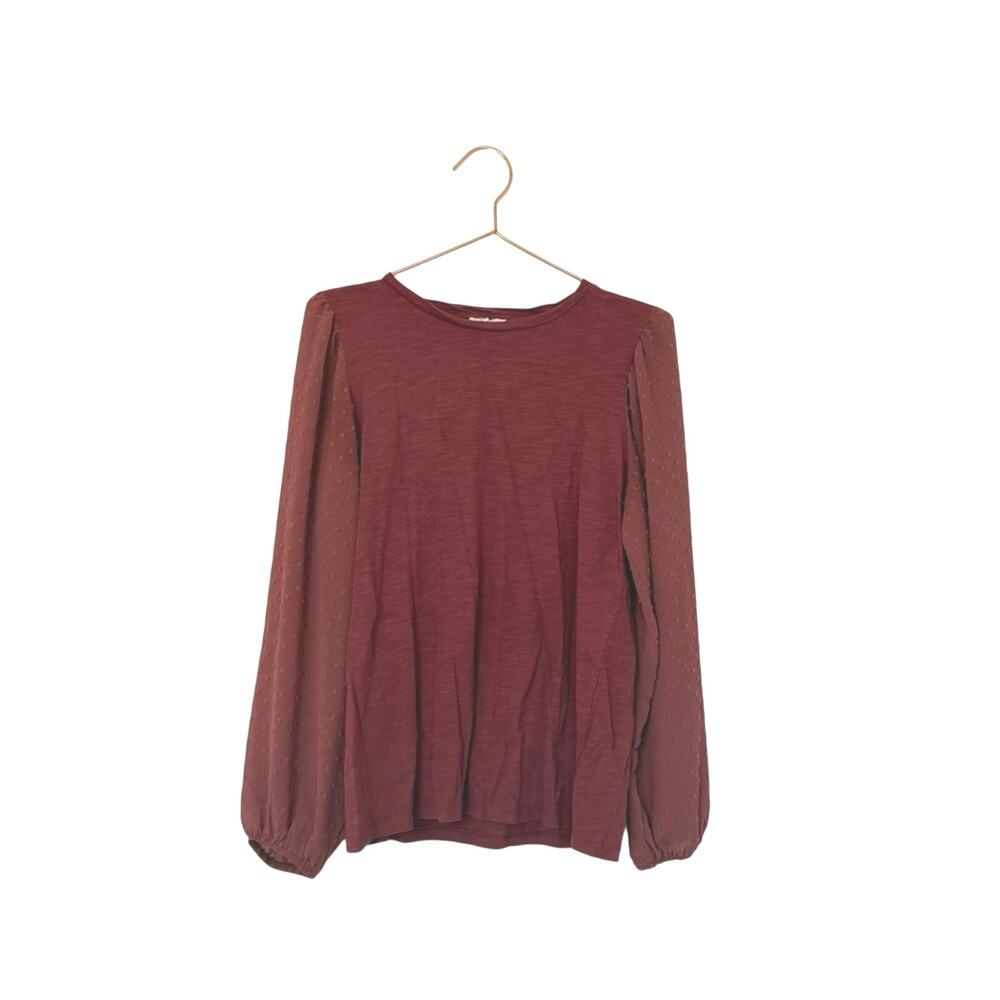 Maurices muted burgandy Long Sleeve Top with semi sheer Swiss dot sleeves large